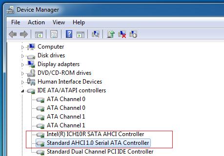 Також перевірте, що в диспетчері пристроїв (Control Panel-> Device Manager) в розділі IDE ATA / ATAPI controllers є контролер з назвою AHCI