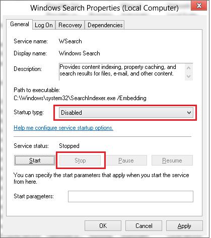 msc   У правій панелі знайдіть службу Windows Search, перейдіть в її властивості   В поле Startup type (Тип запуску) виберіть Disabled (Відключено)   Натисніть кнопку Stop (Зупинити) і збережіть зміни